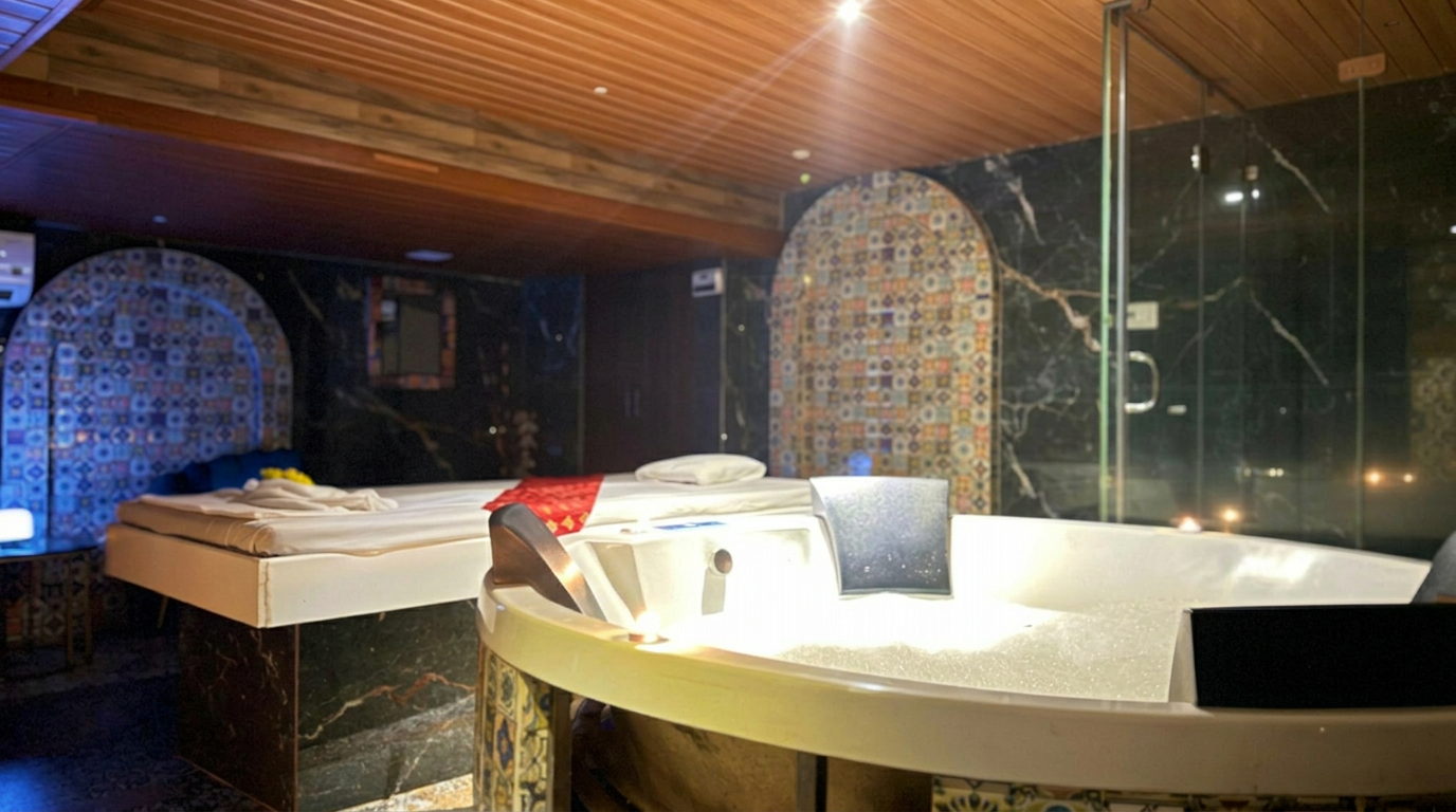 Turkish-Moroccan hammam with marble slab and brass basin