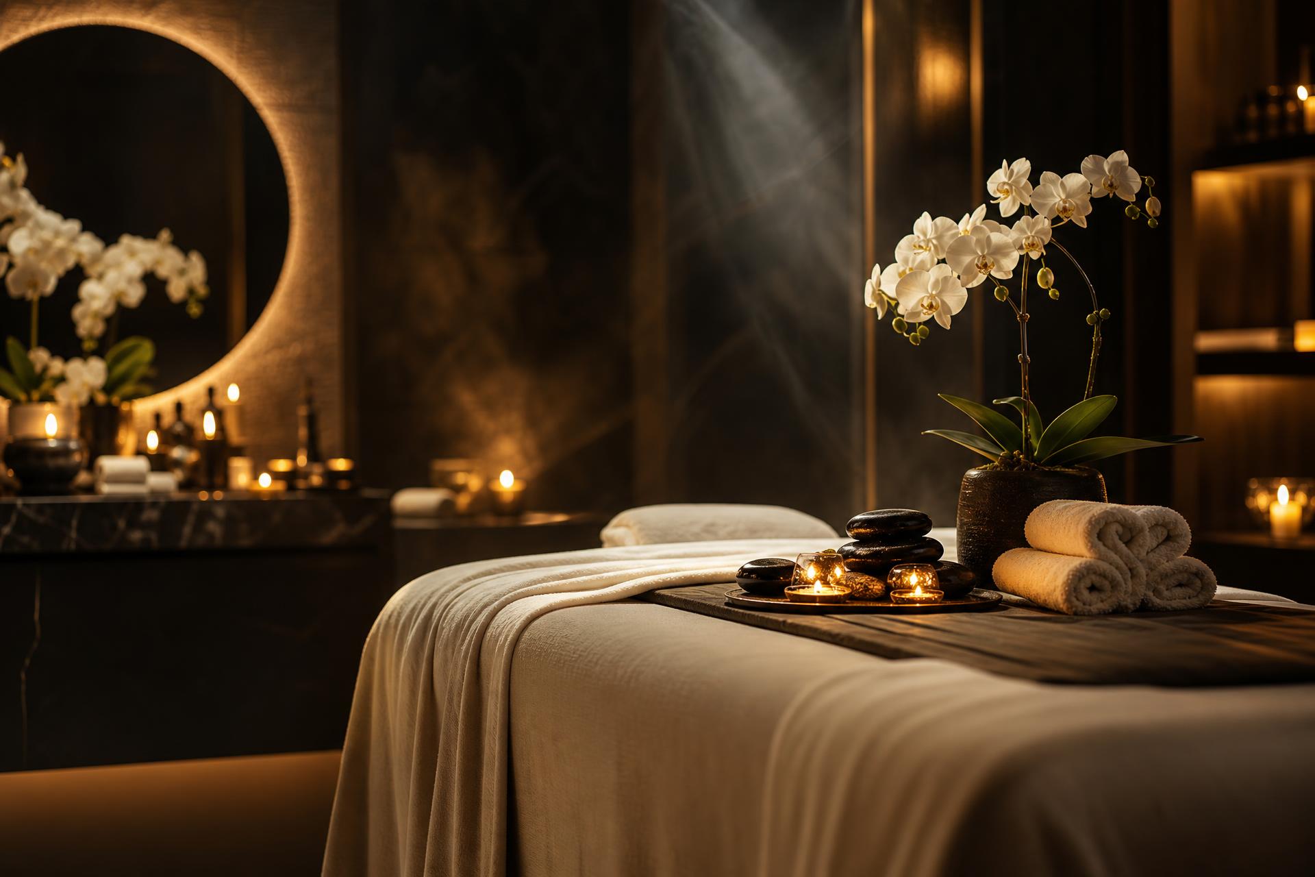 Dimly lit luxury spa treatment room with warm candlelight at Mitram Luxury Spa in Andheri, Mumbai