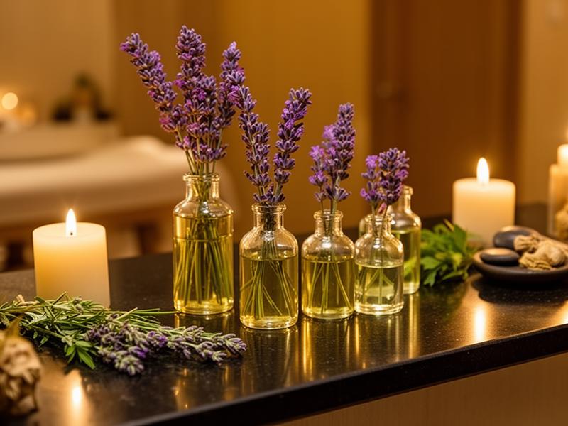 Aromatherapy essential oils, dried lavender and a brass tray by candlelight