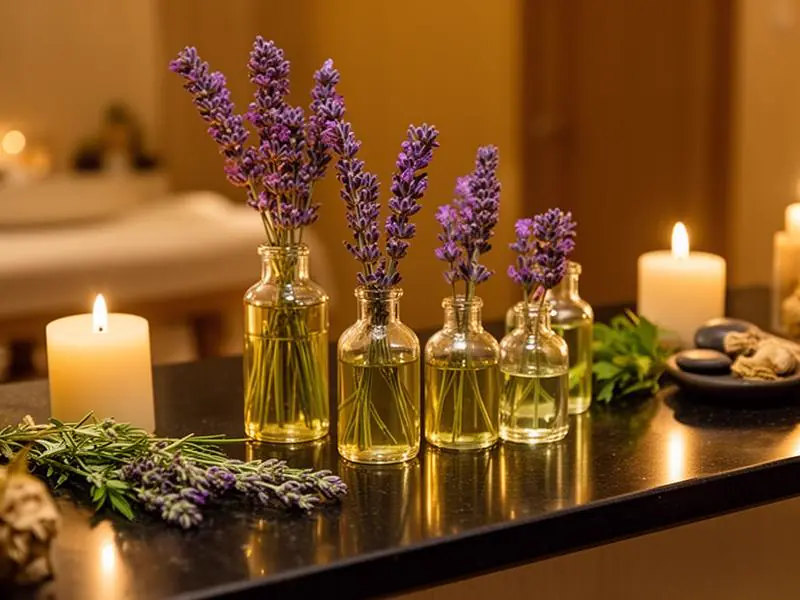 Aromatherapy essential oils, dried lavender and a brass tray by candlelight