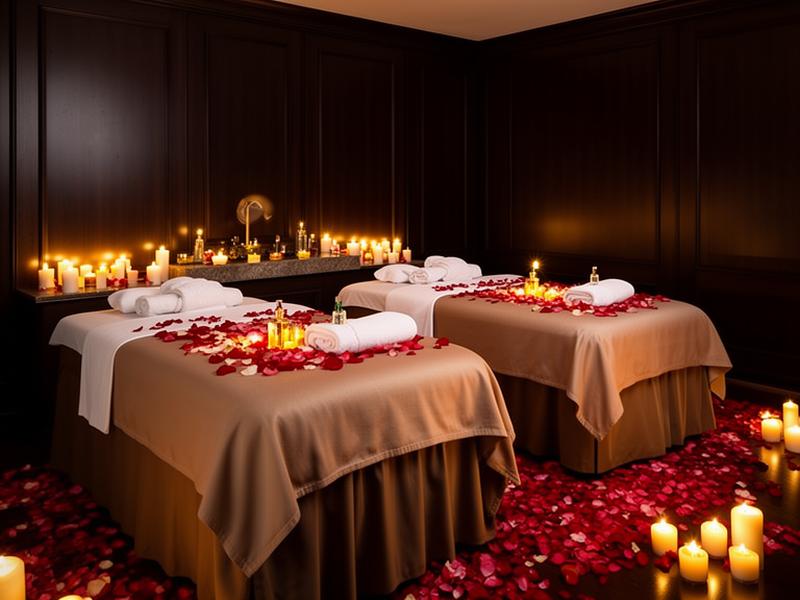 Couple massage suite with two beds, rose petals and candlelight