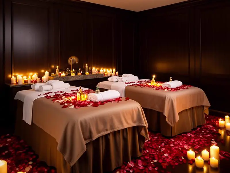 Couple massage suite with two beds, rose petals and candlelight