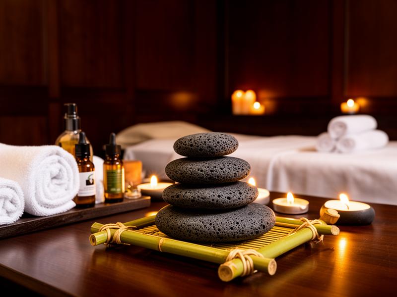 Deep tissue massage treatment room with warm lamplight and hot stones