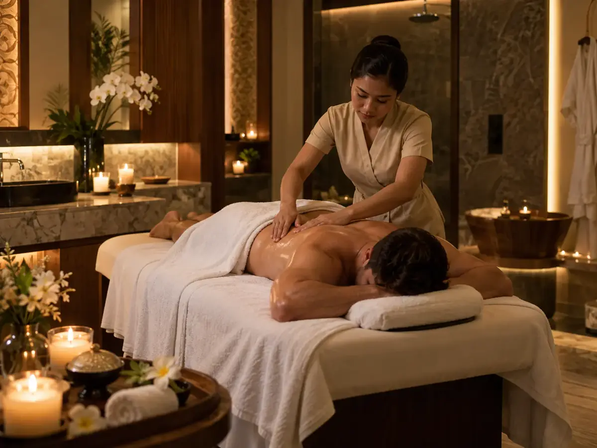 Therapist performing a deep tissue massage on a client in a candlelit Mitram Luxury Spa room