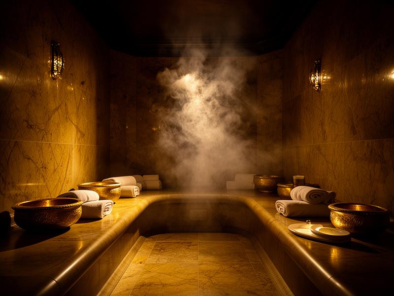 Marble Turkish and Moroccan hammam steam chamber with brass bowls