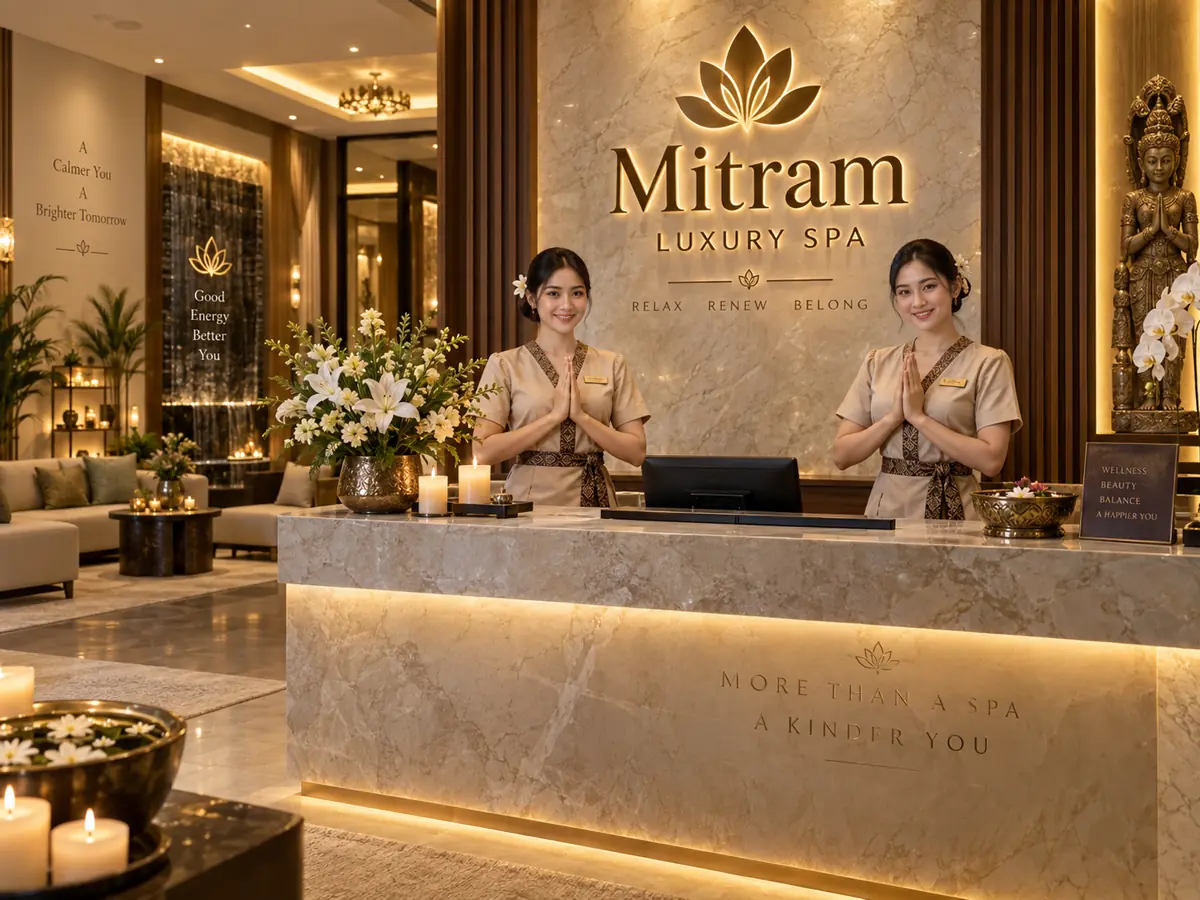 Mitram Luxury Spa reception desk with welcoming staff at Chakala, Andheri East